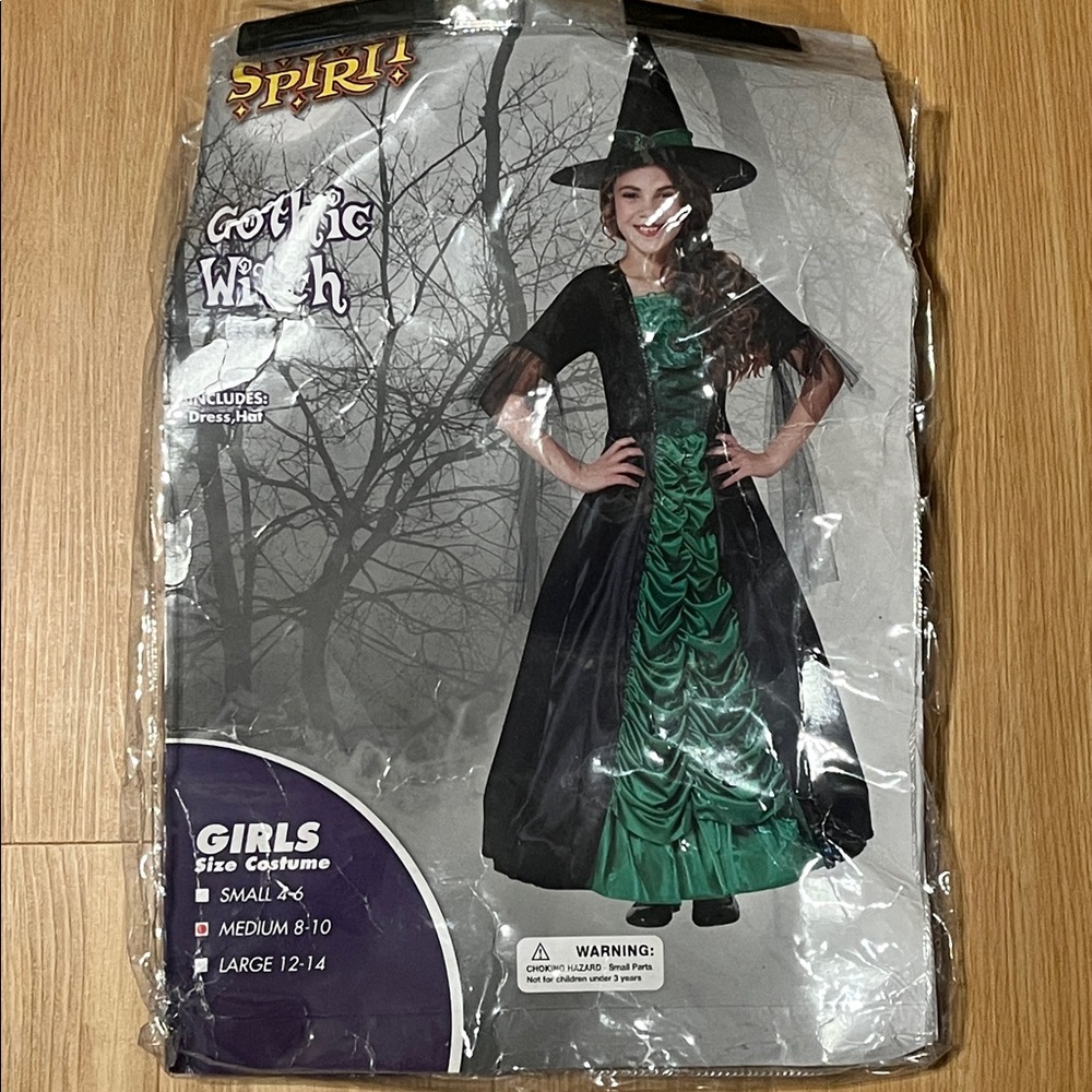 Spirit Gothic Witch Costume with Hat, girls size Medium 8-10